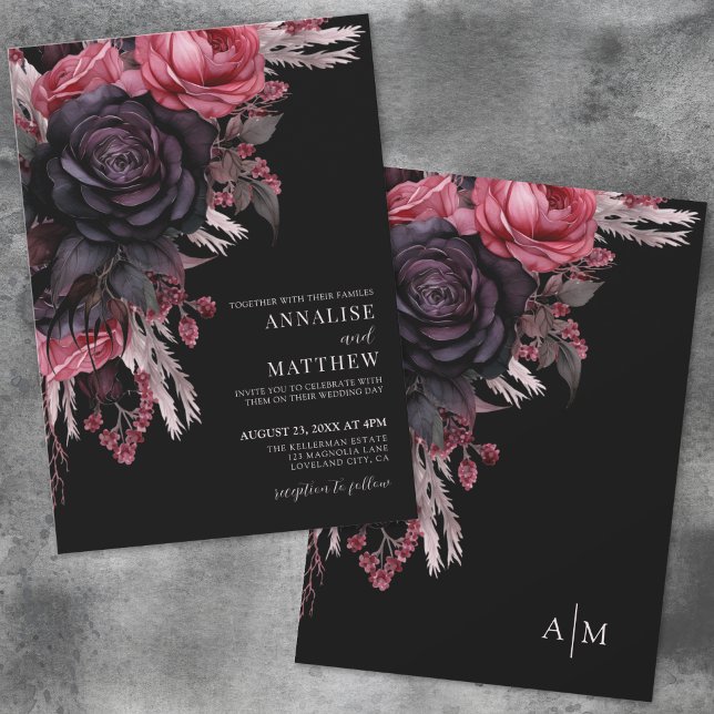 Invitation Mariage Élégant Fleurs Rouge Noir (Elegant Red Black Floral Wedding Invitation)