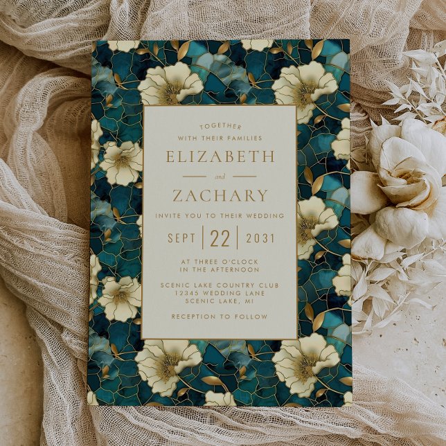 Invitation Mariage Élégant Fleurs Sarcelle Crème Or (Créateur téléchargé)