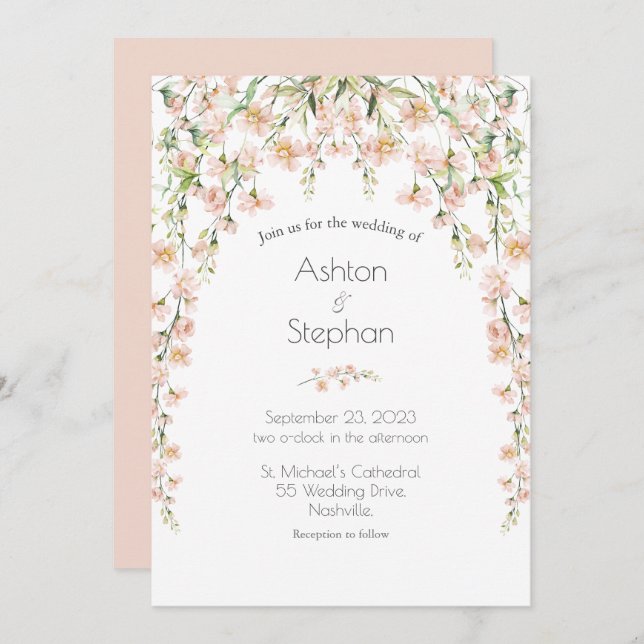 Invitation Mariage élégant Fleurs sauvages Floral Rose (Devant / Derrière)