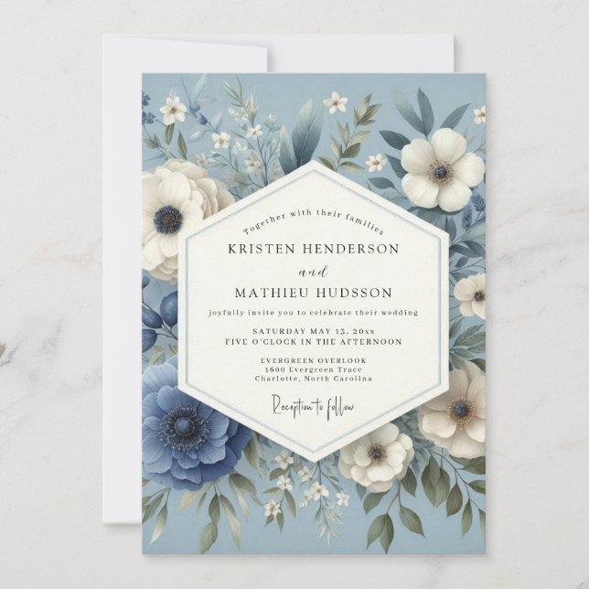 Invitation Mariage Élégant Fleurs Sérénité Bleu Ardoise (Devant)