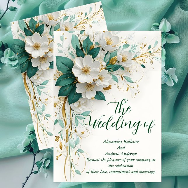 Invitation Mariage Élégant Fleurs Vertes Blanches Or (Créateur téléchargé)