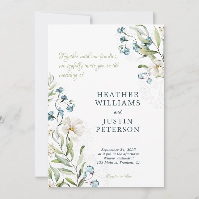 Invitation Mariage élégant, fleurs vertes et blanches (Devant)