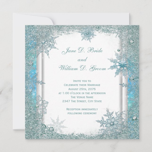 Invitation Mariage Élégant Flocon de Neige Bleu Turquoise (Devant)