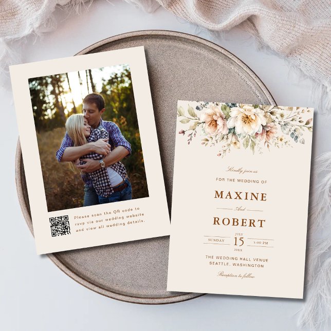 Invitation Mariage élégant floral aquarelle QR Code Photo (Elegant floral watercolor QR code photo wedding invitation with romantic botanical charm.)