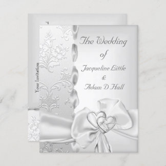 Invitation Mariage élégant Floral Argent Blanc Coeurs Bow