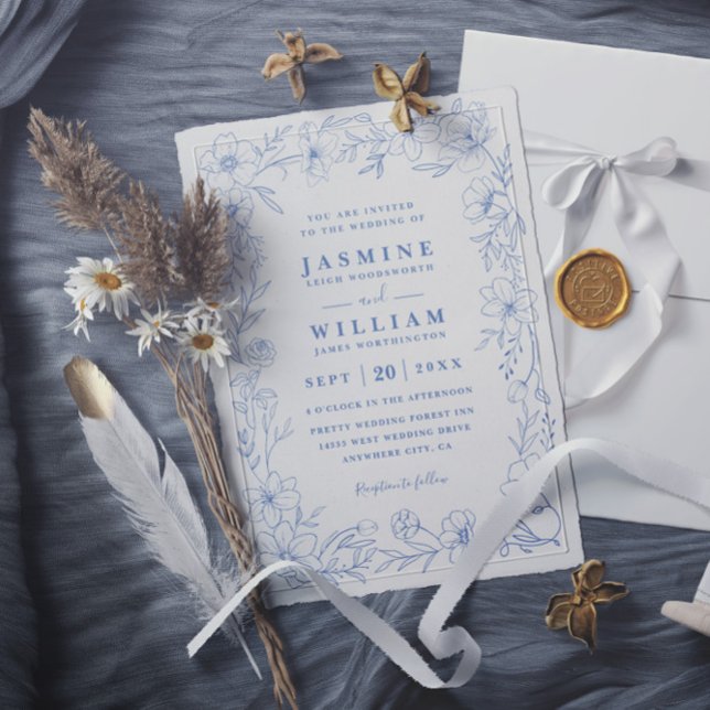 Invitation Mariage élégant floral blanc et bleu avec code QR (Créateur téléchargé)