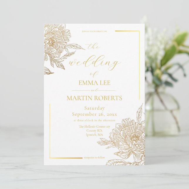Invitation Mariage Élégant Floral Blanc et Or Devine  (Debout devant)
