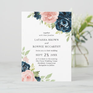 Invitation Mariage élégant floral bleu bleu bleu marine moder