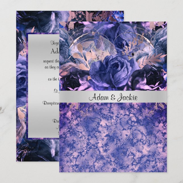 INVITATION MARIAGE ÉLÉGANT FLORAL BLEU MARBRE ROSE (Devant / Derrière)