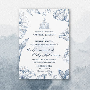 Invitation Mariage Élégant Floral Bleu Messe de Mariage Églis