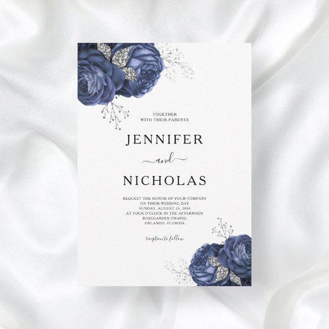 Invitation Mariage Élégant Floral Bleu Nuit Pivoines (Créateur téléchargé)
