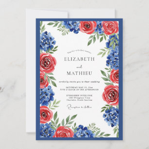 Invitation Mariage Élégant Floral Bleu Royal Cramoisi