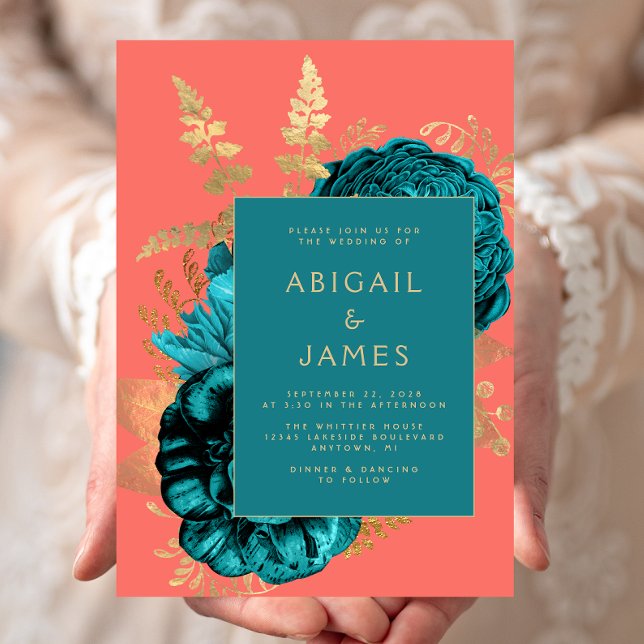 Invitation Mariage élégant floral bleu sarcelle corail or (Créateur téléchargé)