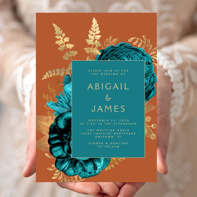 Invitation Mariage élégant floral bleu sarcelle or rouille (Créateur téléchargé)