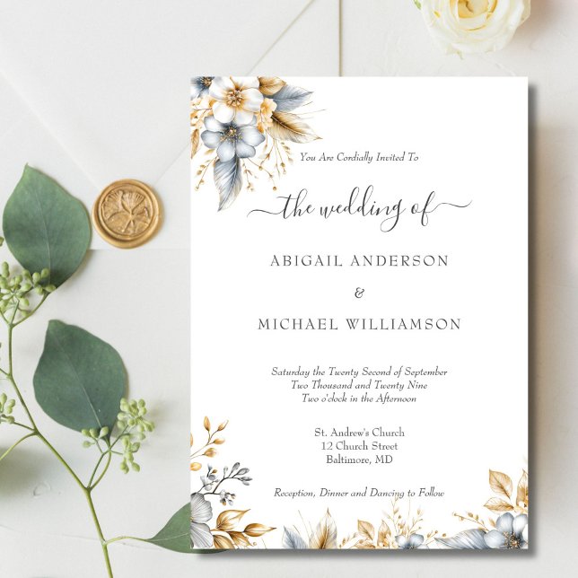 Invitation Mariage Élégant Floral Botanique Or Argent (Gold Silver Floral Botanical Watercolor Elegant Traditional Wedding invitation. Printed or Digital )