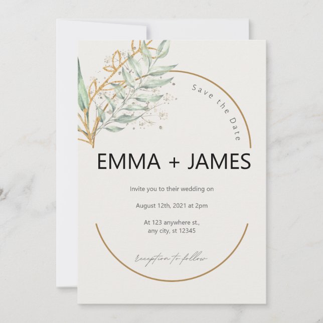 Invitation Mariage Élégant Floral Botanique Vert et Or (Devant)