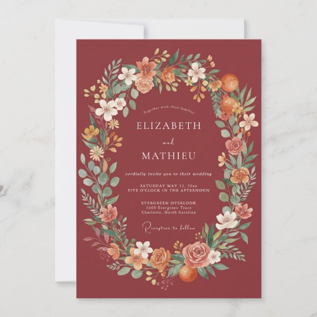 Invitation Mariage Élégant Floral Bourguignon (Devant)