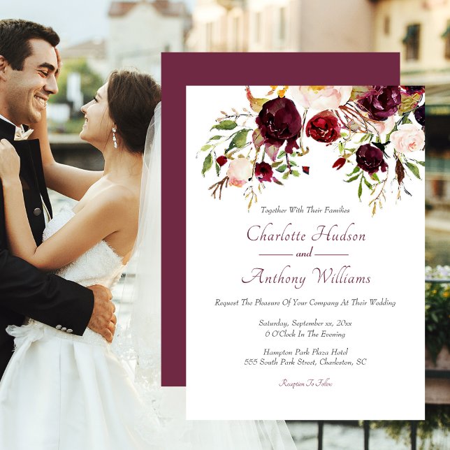 Invitation Mariage élégant floral de Bourgogne (Burgundy Floral Elegant Wedding Invitation)