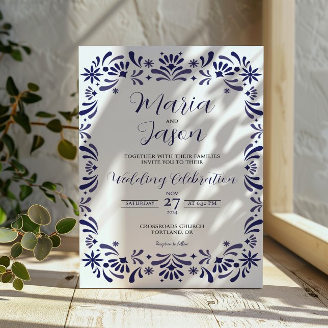 Invitation Mariage élégant Floral de la marine mexicaine (Mexican Navy Blue Lavender Floral Elegant Wedding Invitation)