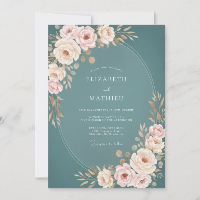 Invitation Mariage Élégant Floral Fleurissant Sarcelle (Devant)