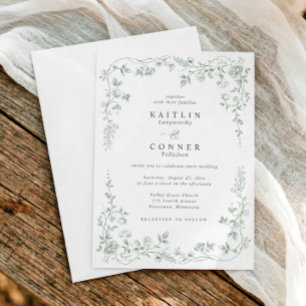 Invitation Mariage élégant floral français vert sauge vintage