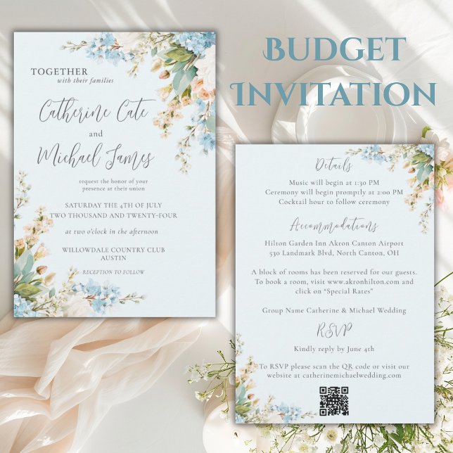 Invitation Mariage Élégant Floral Hydrangea Bleu Budget (Créateur téléchargé)