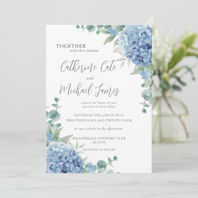 Invitation Mariage Élégant Floral Hydrangea Bleu Budget (Debout devant)