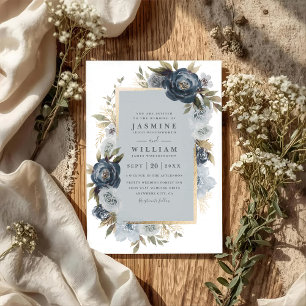 Invitation Mariage élégant floral indigo romantique avec QR C