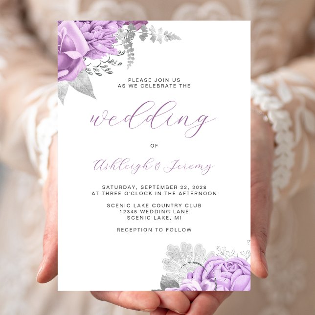 Invitation Mariage élégant floral lilas script argent (Créateur téléchargé)