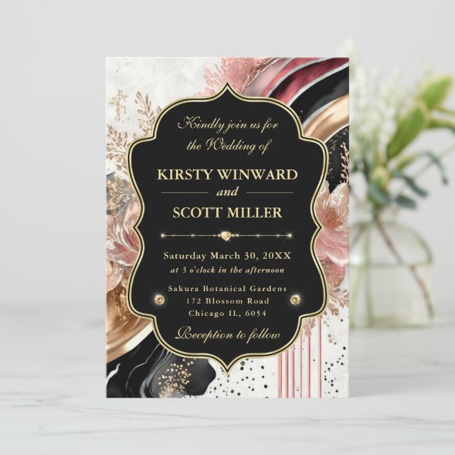 Invitation Mariage Élégant Floral Marbre Or Rose (Debout devant)