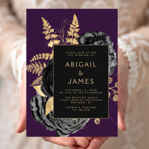 Invitation Mariage élégant floral noir or violet