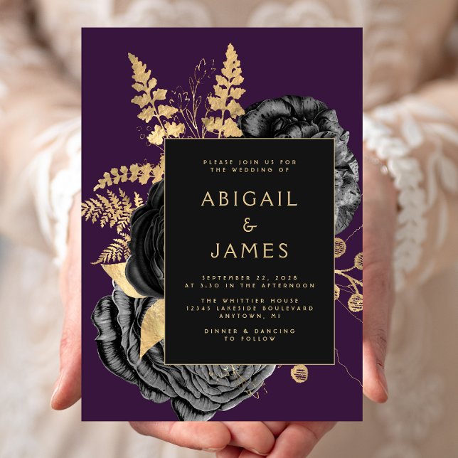Invitation Mariage élégant floral noir or violet (Créateur téléchargé)
