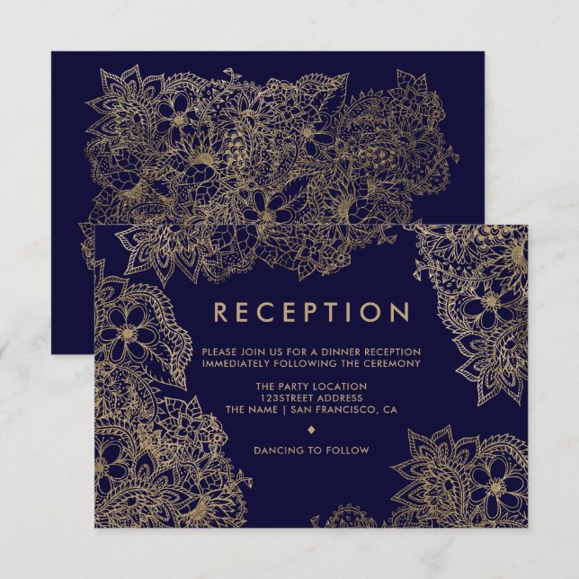Invitation Mariage élégant floral or bleu marine réception (Devant / Derrière)