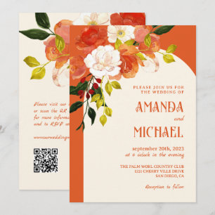Invitation Mariage Élégant Floral Orange Coucher de Soleil Vé