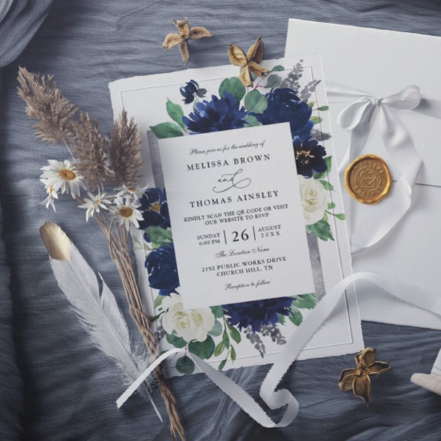 Invitation Mariage élégant floral QR Code bleu marine argent (Créateur téléchargé)