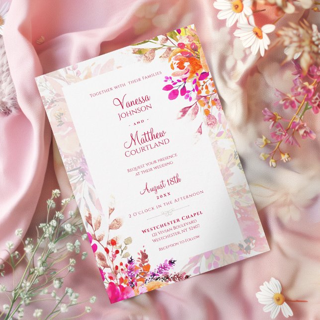 Invitation Mariage Élégant Floral Rose et Orange Aquarelle (Pink and Orange Watercolor Floral Blooms Wedding Invitation)