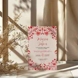 Invitation Mariage Élégant Floral Rose Rouge Mexicain