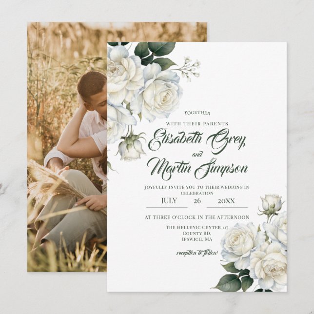 Invitation Mariage Élégant Floral Roses Sage (Devant / Derrière)