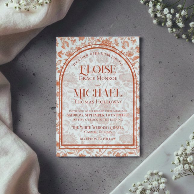 Invitation Mariage Élégant Floral Toile Script Terracotta Rou (Elegant Floral Toile Script Terracotta Red Wedding Invitation)