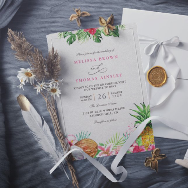 Invitation Mariage élégant floral tropical hawaïen avec code  (Créateur téléchargé)