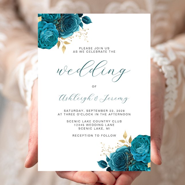 Invitation Mariage élégant floral turquoise or script (Créateur téléchargé)