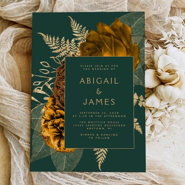 Invitation Mariage élégant floral vert émeraude rouille or (Créateur téléchargé)