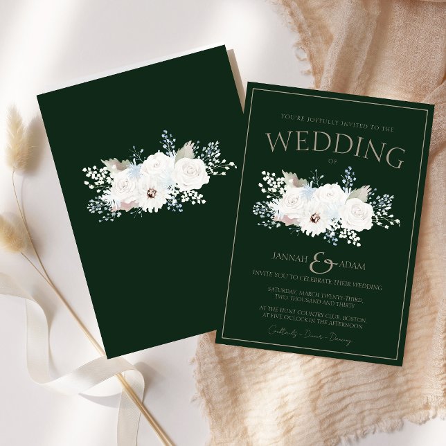 Invitation Mariage Élégant Floral Vert et Blanc d'Hiver (Winter White Floral and Green Christmas Wedding Invitation)