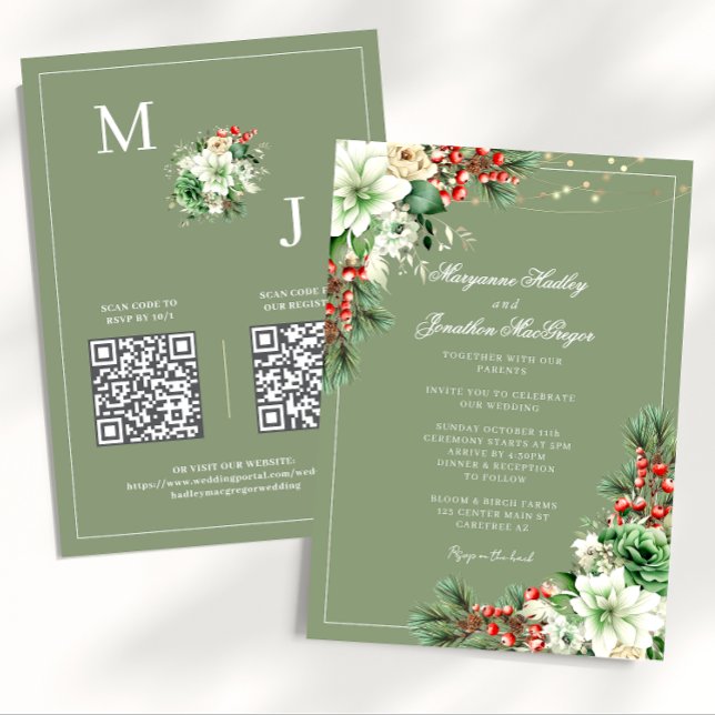 Invitation Mariage Élégant Floral Vert Sauge Hiver (Créateur téléchargé)
