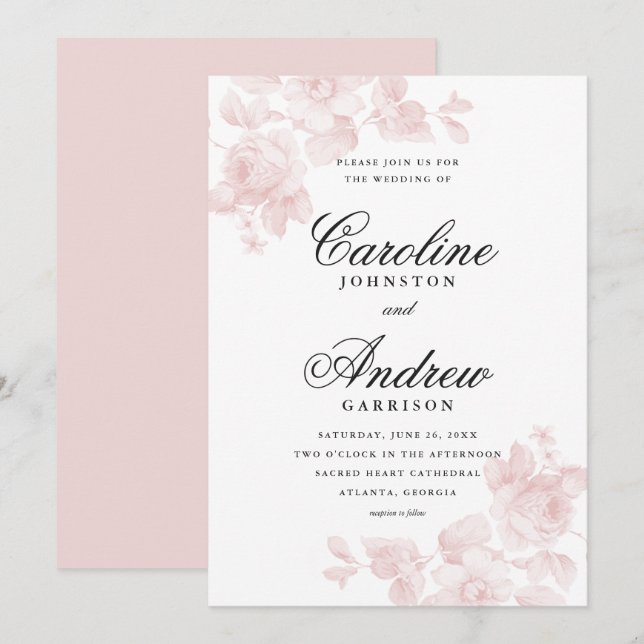Invitation Mariage Élégant Floral Vintage (Devant / Derrière)