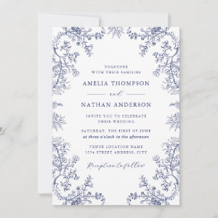 Invitation Mariage élégant floral vintage bleu marine
