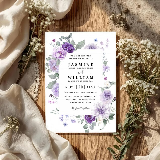 Invitation Mariage élégant floral violet rustique avec QR Cod (Créateur téléchargé)
