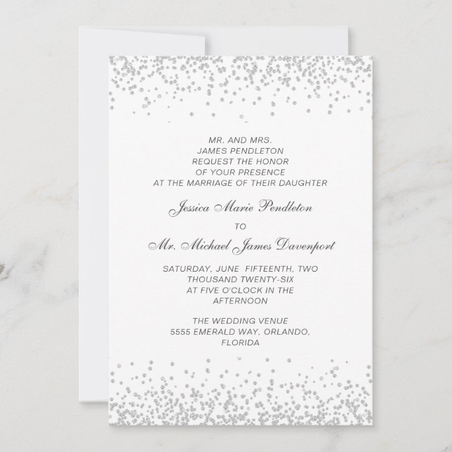 Invitation Mariage élégant Formel Blanc Paillettes Argentées  (Devant)