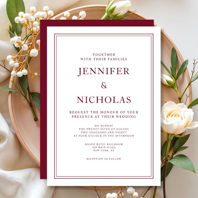 Invitation Mariage Élégant Formel Bordeaux (Elegant Formal Burgundy Wedding Invitation)