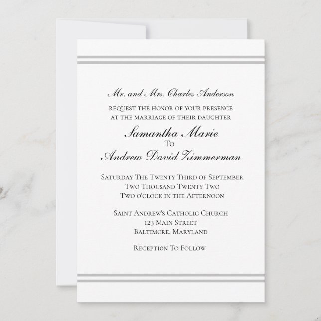 Invitation Mariage Élégant Formel Classique Argent Blanc (Devant)